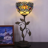WERFACTORY Small Tiffany Table Lamp 8" Blue Stained Glass Lotus Style Shade 19" Tall Antique Vintage Metal Leaf Base Mini Bedside Accent Desk Torchiere Uplight