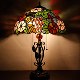 Tiffany Table Lamp Purple Stained Glass Grape Desk Light W16H24 Inch with Iron Metal Leaves Bronze Base