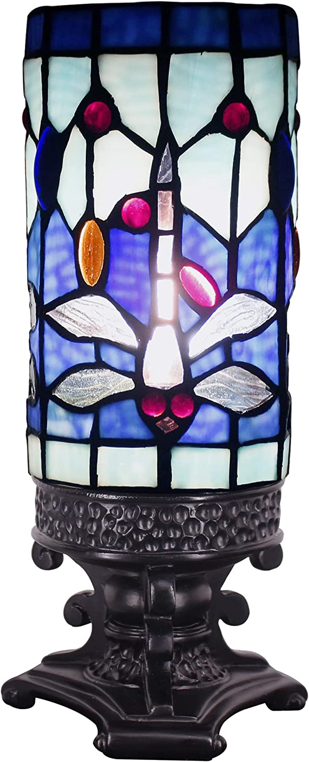 WERFACTORY Small Tiffany Lamp Mini Stained Glass Table Lamp Wide 4 Tall 10 Inch Blue Dragonfly Style Desk Night Light