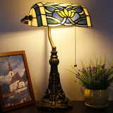 Werfactory® Banker Lamp Tiffany Desk Lamp Lotus Style Blue Stained Glass Table Lamp, 15" Tall