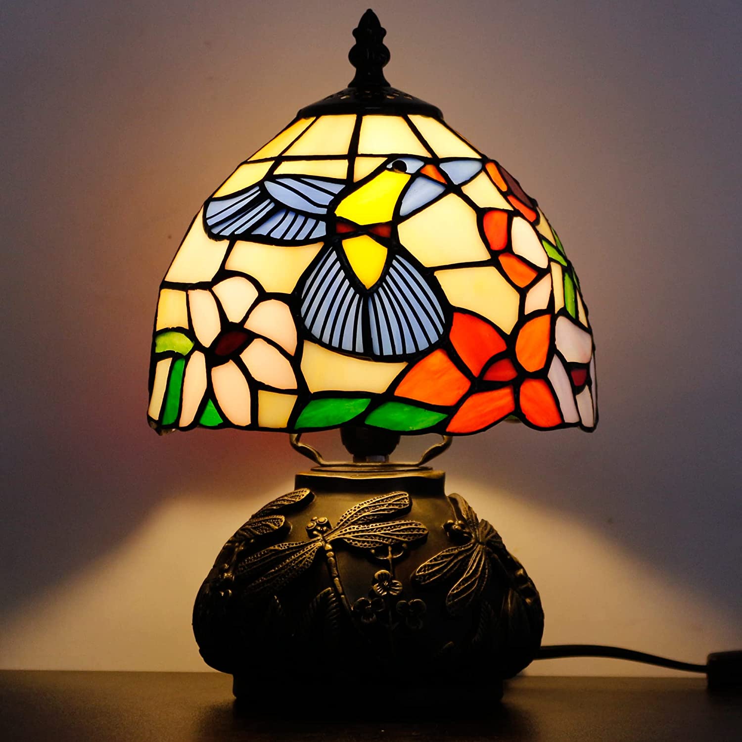 Werfactory® Small Tiffany Table Lamp Hummingbird Style Stained Glass Mushroom Lamp
