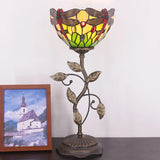 WERFACTORY Small Tiffany Table Lamp 8" Yellow Stained Glass Dragonfly Style Shade 19" Tall Antique Vintage Metal Leaf Base Mini Bedside Accent Desk Torchiere Uplight