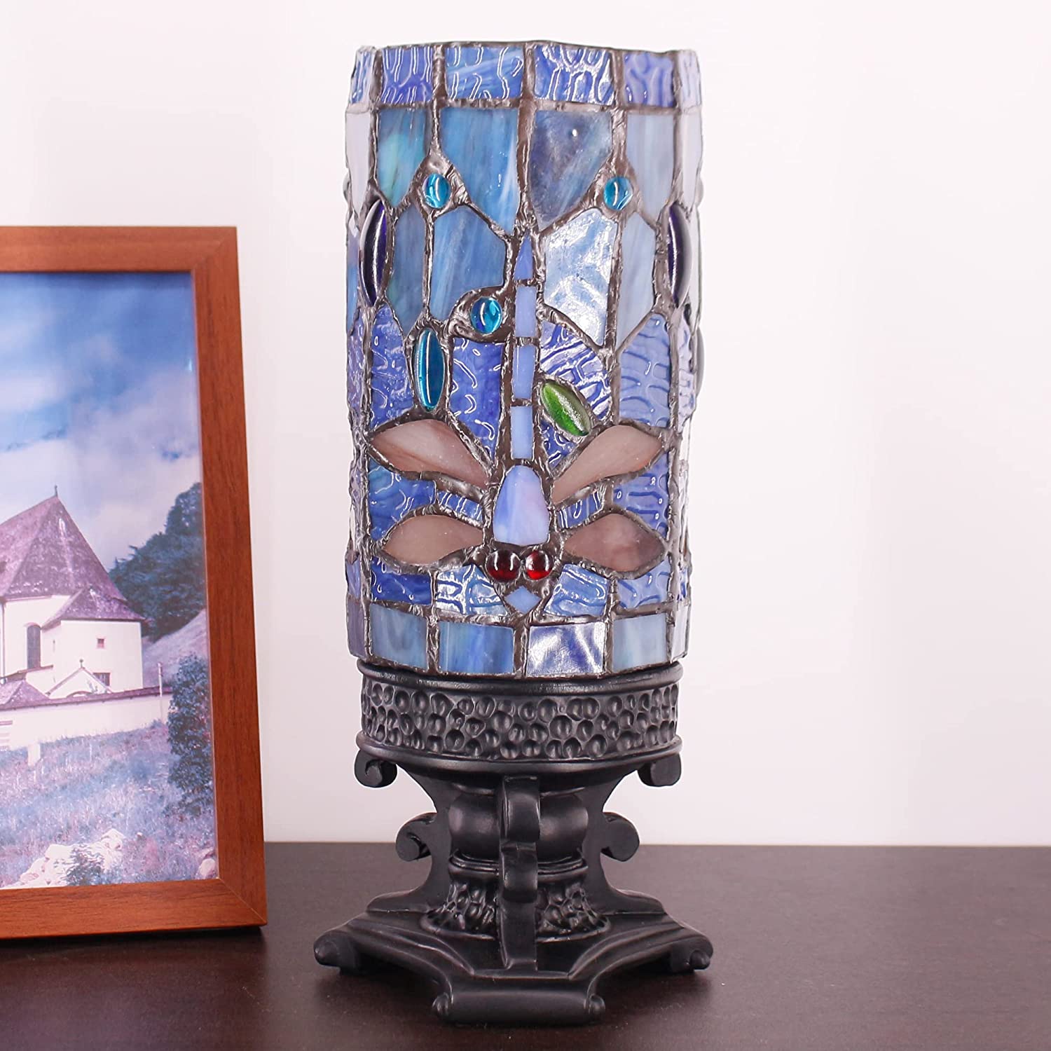 WERFACTORY Small Tiffany Table Lamp Mini Stained Glass Lamp Wide 4 Tall 10 Inch Navy Dragonfly Style Desk Night Light