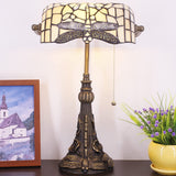 Werfactory® Banker Lamp Tiffany Desk Lamp Cream Dragonfly Style Stained Glass Table Lamp, 15" Tall