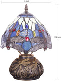 Werfactory® Small Tiffany Table Lamp with 8" Blue Stained Glass Dragonfly Shade, 11" Tall