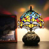 Werfactory® Small Tiffany Table Lamp with 8" Yellow Stained Glass Dragonfly Style Shade, 11" Tall Unique Rustic Bronze Mushroom Type Mini Bedside Lamp