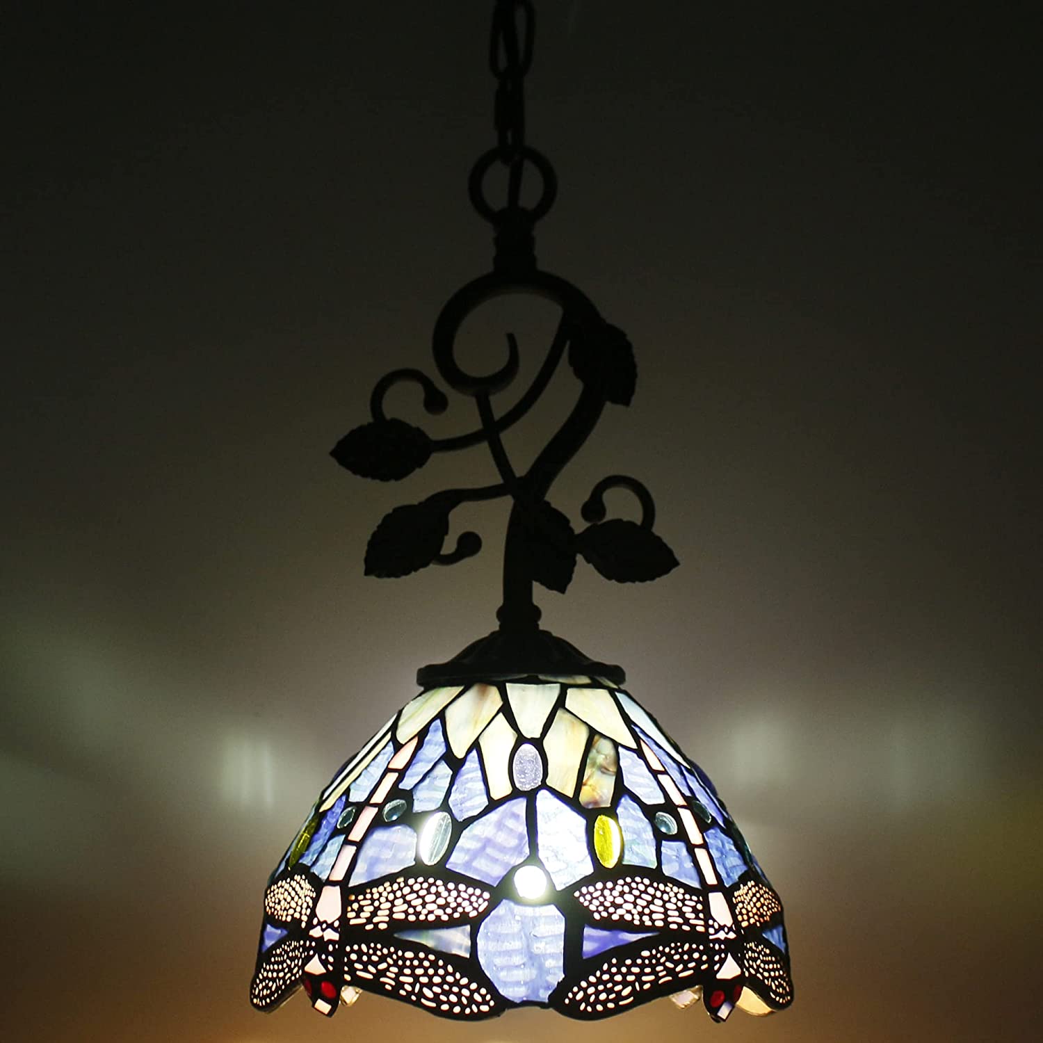 Werfactory®Tiffany Pendant Lighting, 8" Navy Blue Stained Glass Dragonfly Hanging Lamp