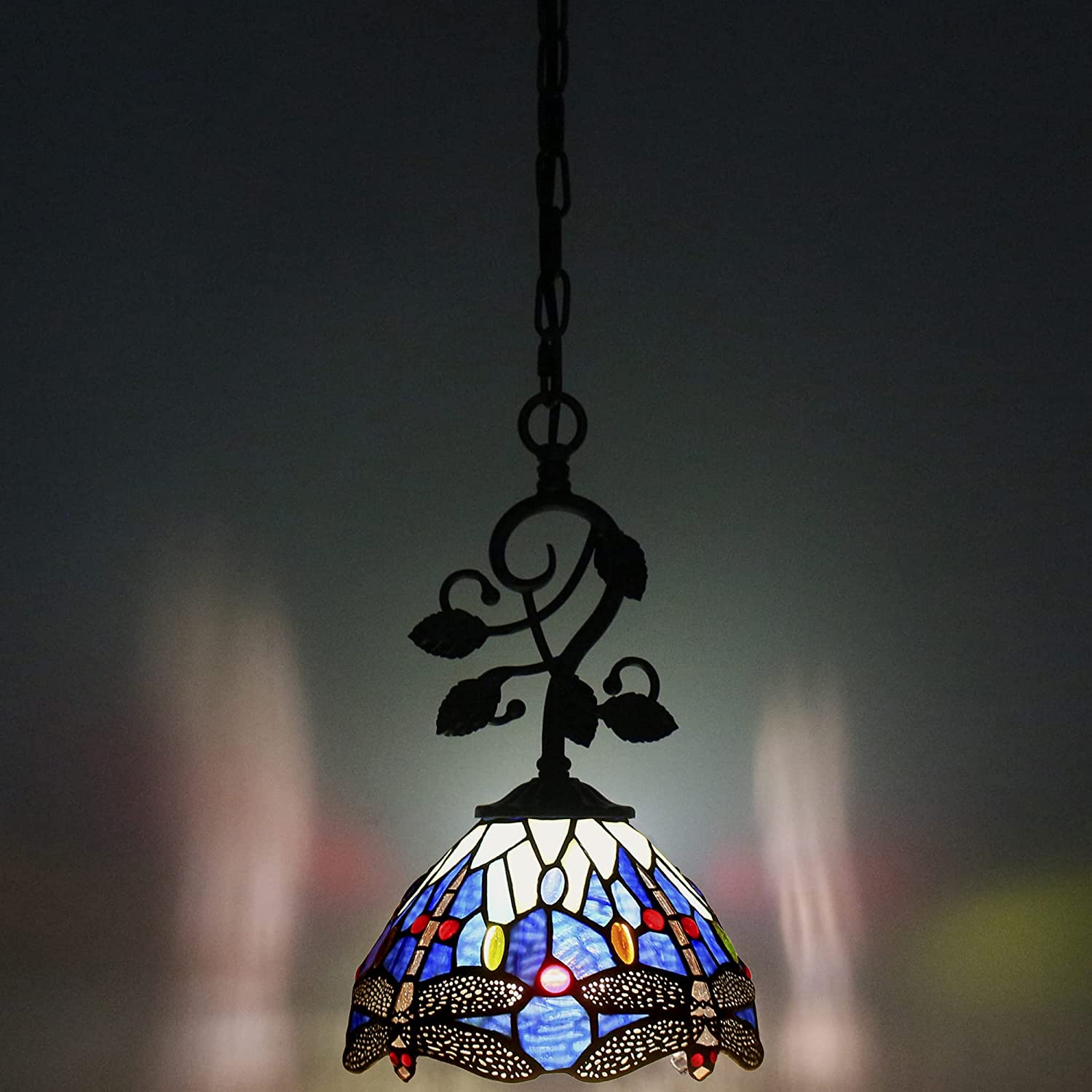 Werfactory® Tiffany Pendant Light with 8" Blue Stained Glass Dragonfly Hanging Lamp