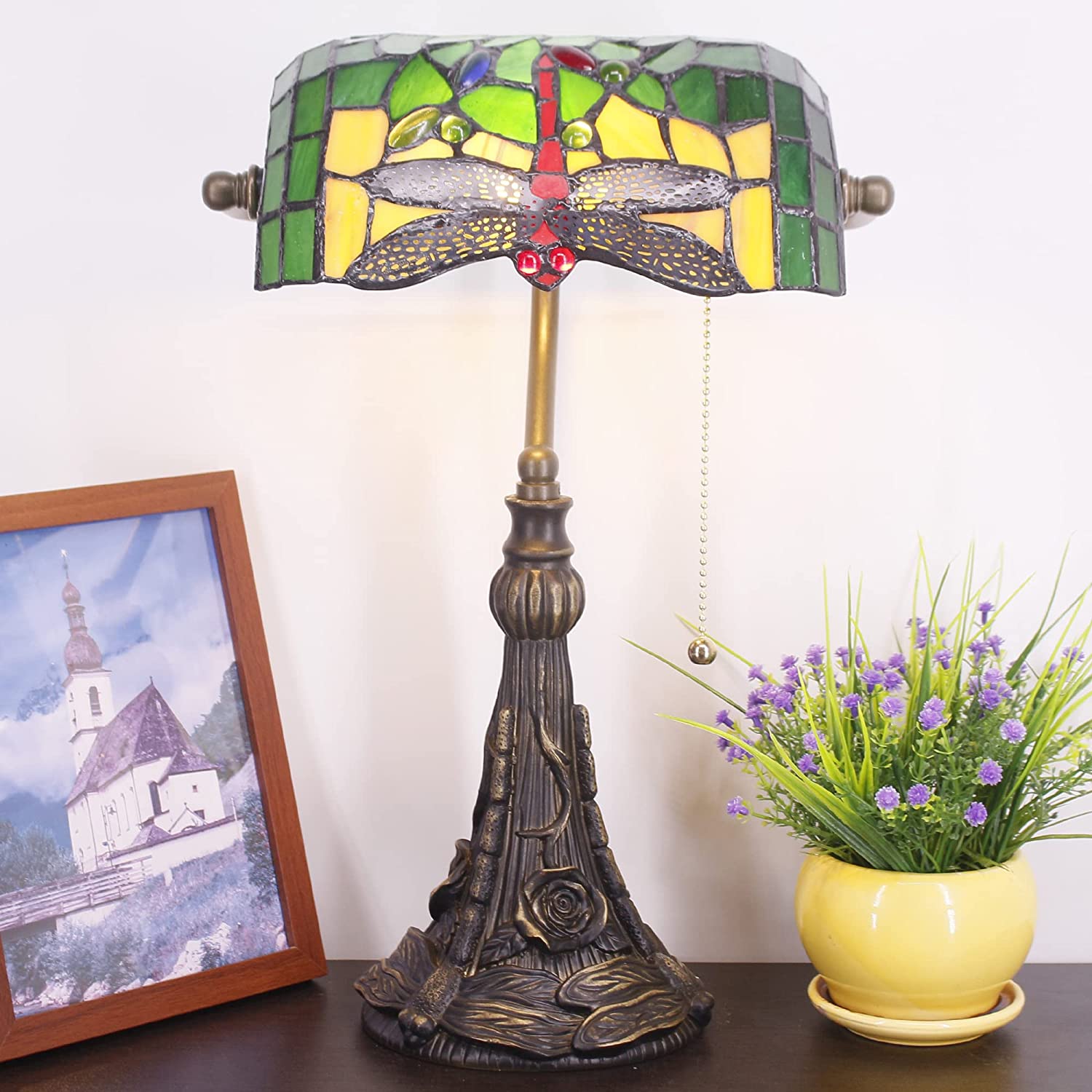 Werfactory® Banker Lamp Tiffany Desk Lamp Dragonfly Style Stained Glass Table Lamp, 15" Tall