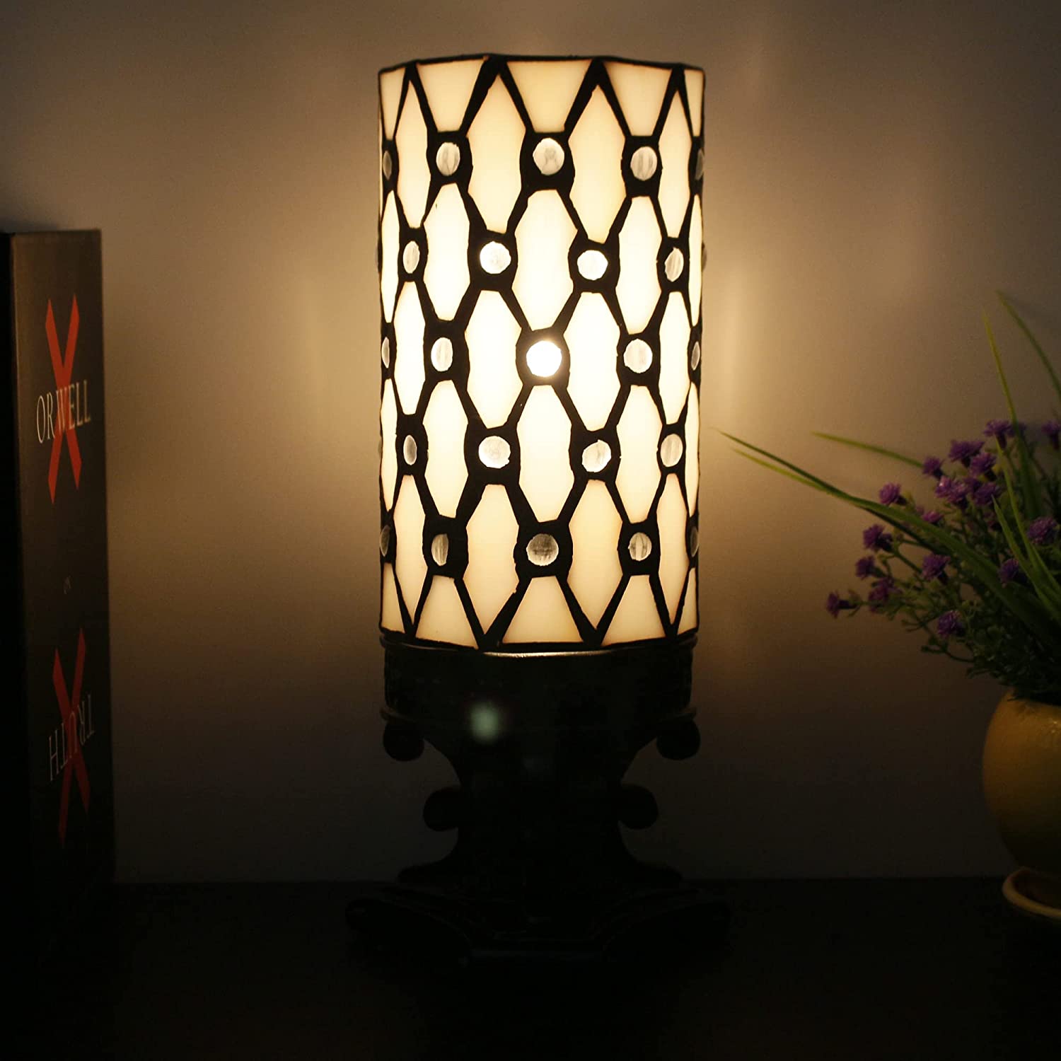 WERFACTORY Small Tiffany Lamp Mini Stained Glass Table Lamp W4H10 InchWhite Crystal Bead Style Desk Night Light