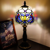 Werfactory® Small Tiffany Lamp Blue Stained Glass Lotus Style Table Lamp, 14" Tall