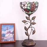 WERFACTORY Small Tiffany Table Lamp 8" Stained Glass Grape Style Shade 19" Tall Antique Vintage Metal Leaf Base Mini Bedside Accent Desk Torchiere Uplight