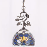 Werfactory® Tiffany Pendant Light  8" Blue Stained Glass Lotus Style Hanging Lamp