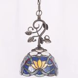 Werfactory® Tiffany Pendant Lighting for Kitchen, 8" Blue Stained Glass Lotus Hanging Lamp Farmhouse Rustic Bronze Thin Metal Leaf Chandelier, Luxury Ceiling Light Fixture for Living Room Dining Room
