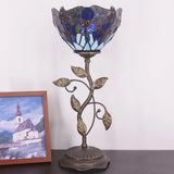 WERFACTORY Small Tiffany Table Lamp 8" Blue Stained Glass Dragonfly Style Shade 19" Tall Antique Vintage Metal Leaf Base Mini Bedside Accent Desk Torchiere Uplight