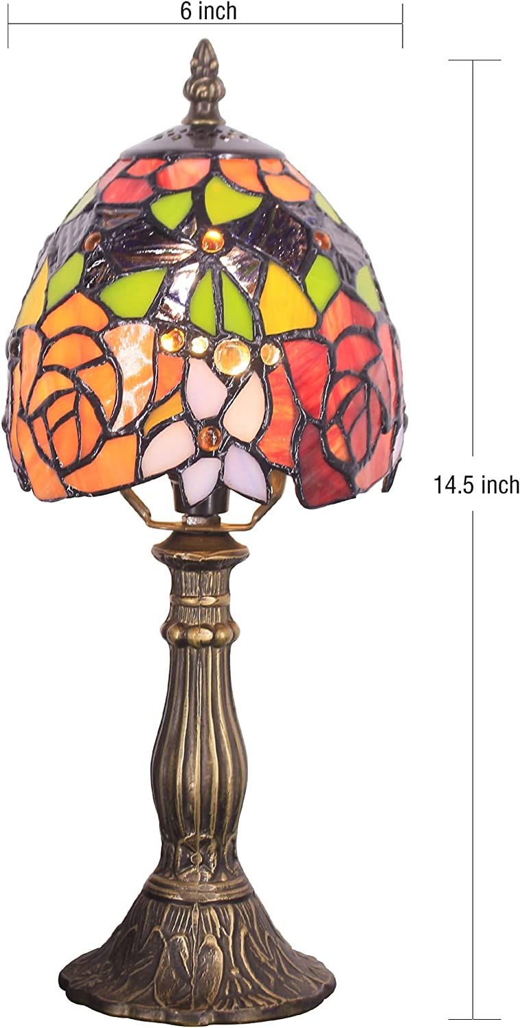 Werfactory® Small Tiffany Lamp Stained Glass Table Lamp Red Yellow Rose Style 14" Tall