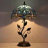 Tiffany Table Lamp, Stained Glass Lamp, Blue Dragonfly Desk Light W12H19 Inch Antique Iron Metal Leaves
