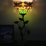 WERFACTORY Small Tiffany Table Lamp 8" Yellow Stained Glass Dragonfly Style Shade 19" Tall Antique Vintage Metal Leaf Base Mini Bedside Accent Desk Torchiere Uplight