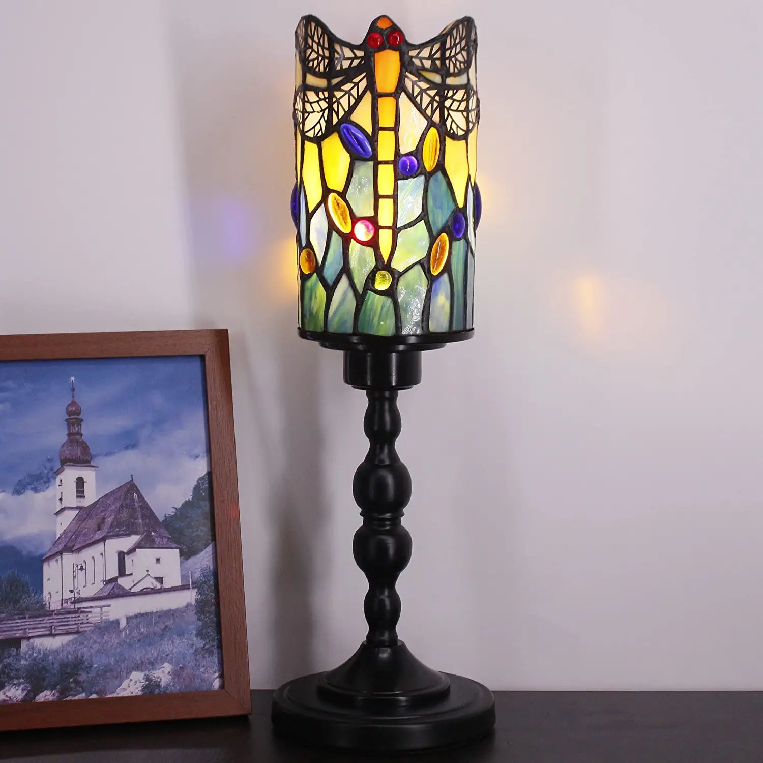 WERFACTORY Small Tiffany Lamp Mini Stained Glass Table Lamp Wide 4 Tall 15 Inch Yellow Dragonfly Style Rustic Night Light