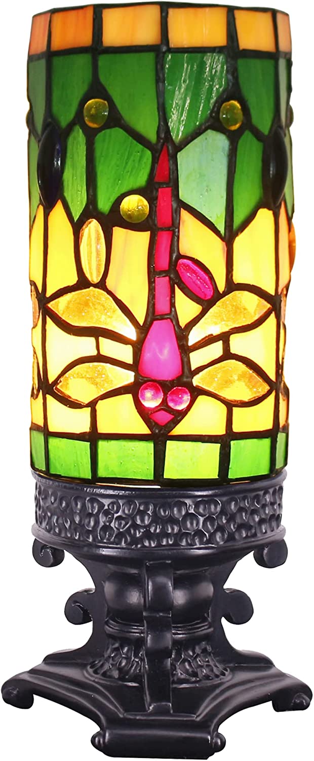 WERFACTORY Small Tiffany Lamp Wide 4 Tall 10 Inch Mini Stained Glass Table Lamp Cream Dragonfly Style Desk Night Light