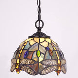 Tiffany Pendant Light with W8H7 Inch Stained Glass Dragonfly Style Shade Hanging Lamp