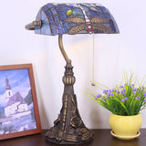 Werfactory® Banker Lamp Tiffany Desk Lamp Navy Blue Dragonfly Style Stained Glass Table Lamp 15" Tall