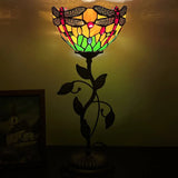 WERFACTORY Small Tiffany Table Lamp 8" Yellow Stained Glass Dragonfly Style Shade 19" Tall Antique Vintage Metal Leaf Base Mini Bedside Accent Desk Torchiere Uplight