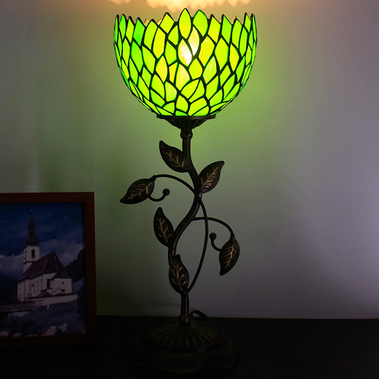 WERFACTORY Small Tiffany Table Lamp 8" Green Stained Glass Wisteria Style Shade 19" Tall Antique Vintage Metal Leaf Base Mini Bedside Accent Desk Torchiere Uplight