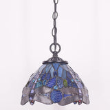 Werfactory® Tiffany Pendant Lighting Navy Blue Stained Glass Dragonfly Hanging Lamp