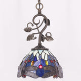 Werfactory® Tiffany Pendant Light with 8" Blue Stained Glass Dragonfly Hanging Lamp