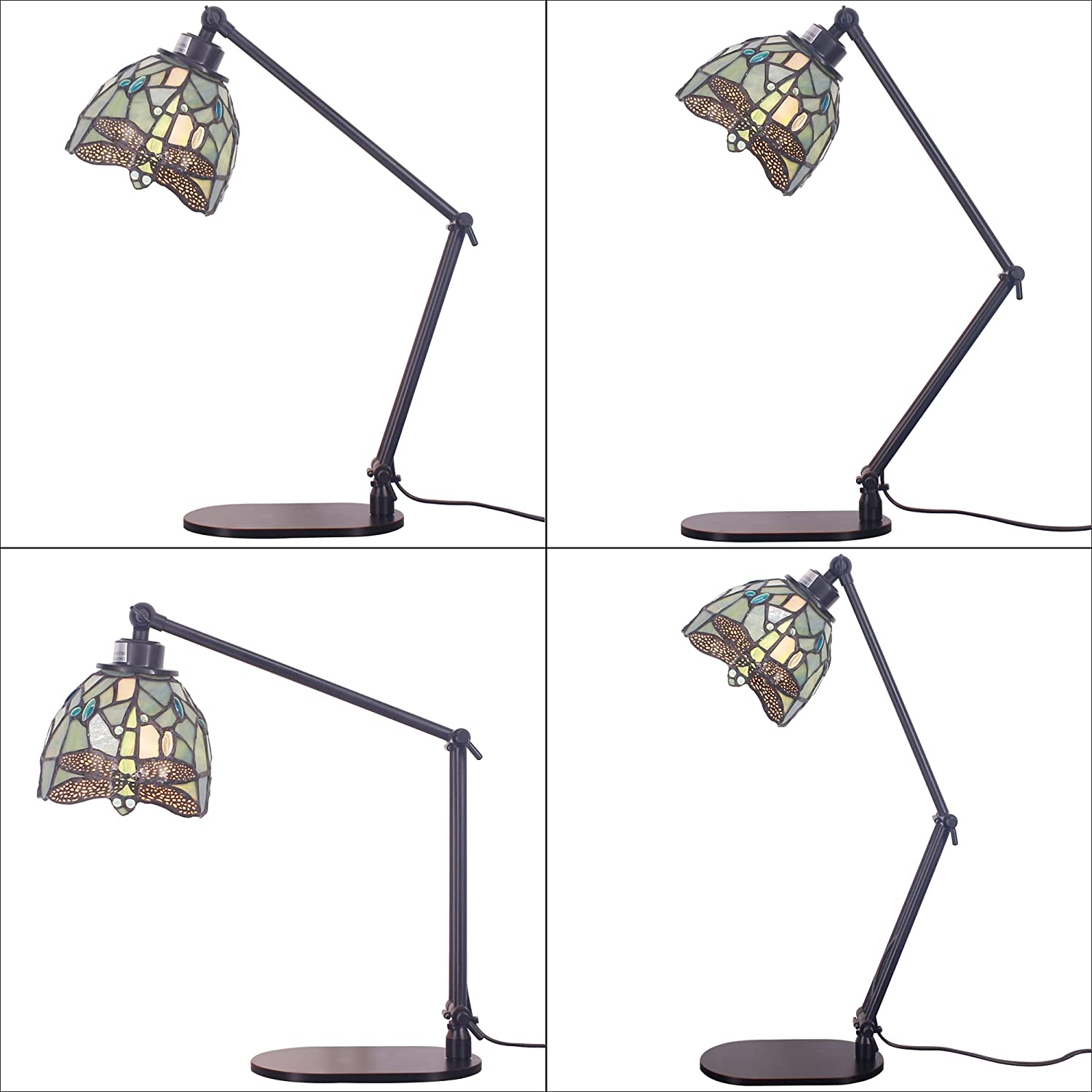 Werfactory®Tiffany Swing Arm Desk Lamp Sea Blue Stained Glass Dragonfly