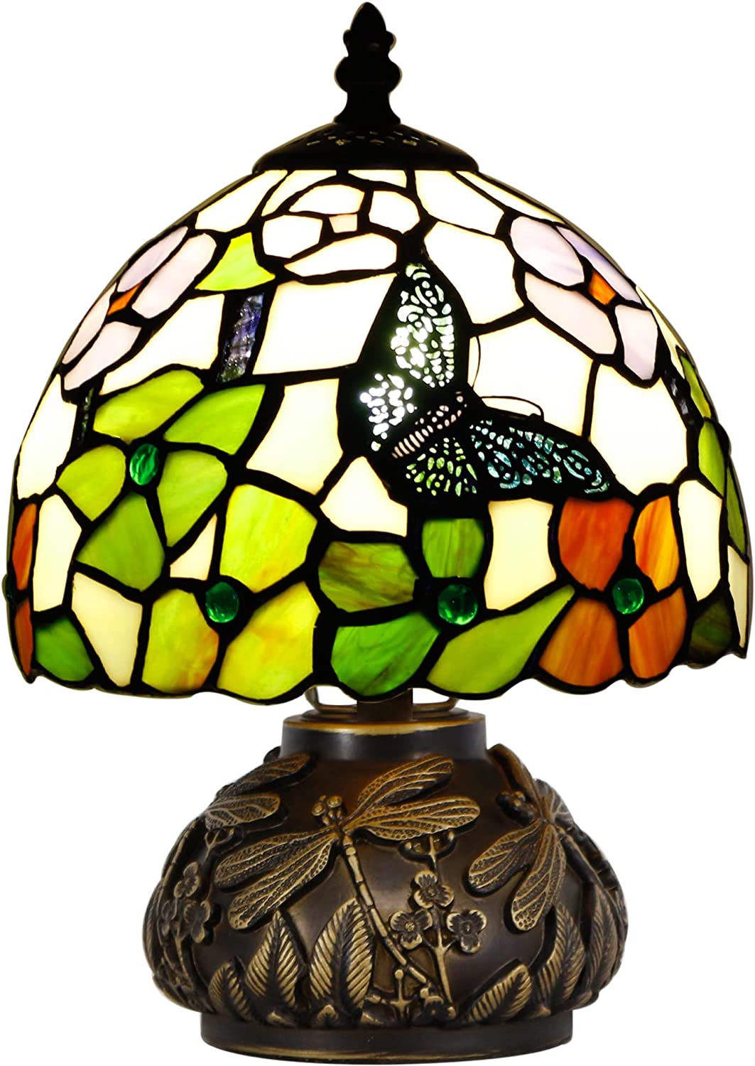 Werfactory® Tiffany Table Lamp W8H11 Inch Stained Glass red Green Flower Butterfly Mushroom Lamp