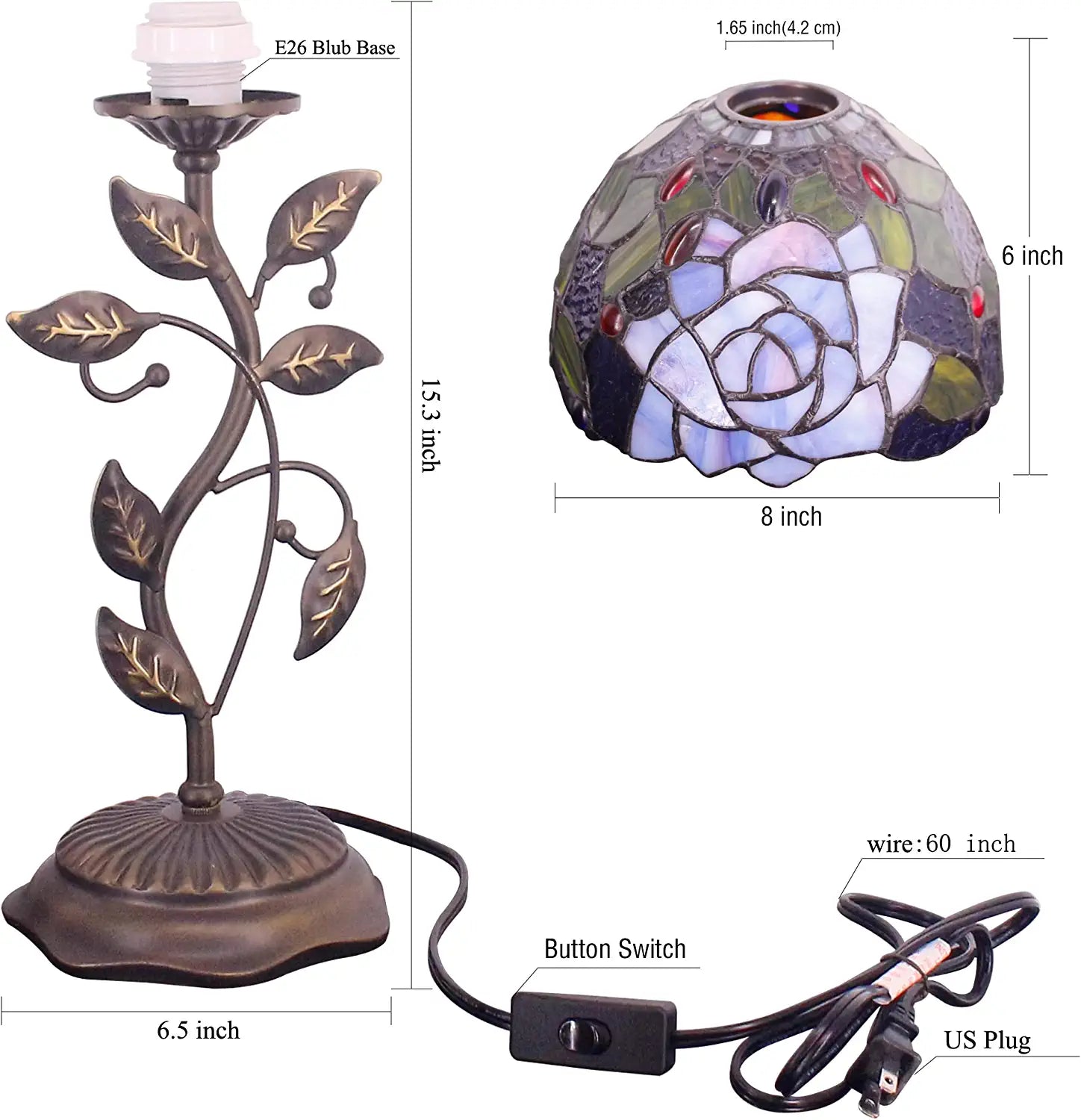 WERFACTORY Small Tiffany Table Lamp 8" Stained Glass Rose Style Shade 19" Tall Antique Vintage Metal Leaf Base Mini Bedside Accent Desk Torchiere Uplight