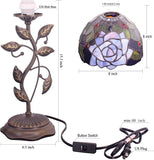 WERFACTORY Small Tiffany Table Lamp 8" Stained Glass Rose Style Shade 19" Tall Antique Vintage Metal Leaf Base Mini Bedside Accent Desk Torchiere Uplight