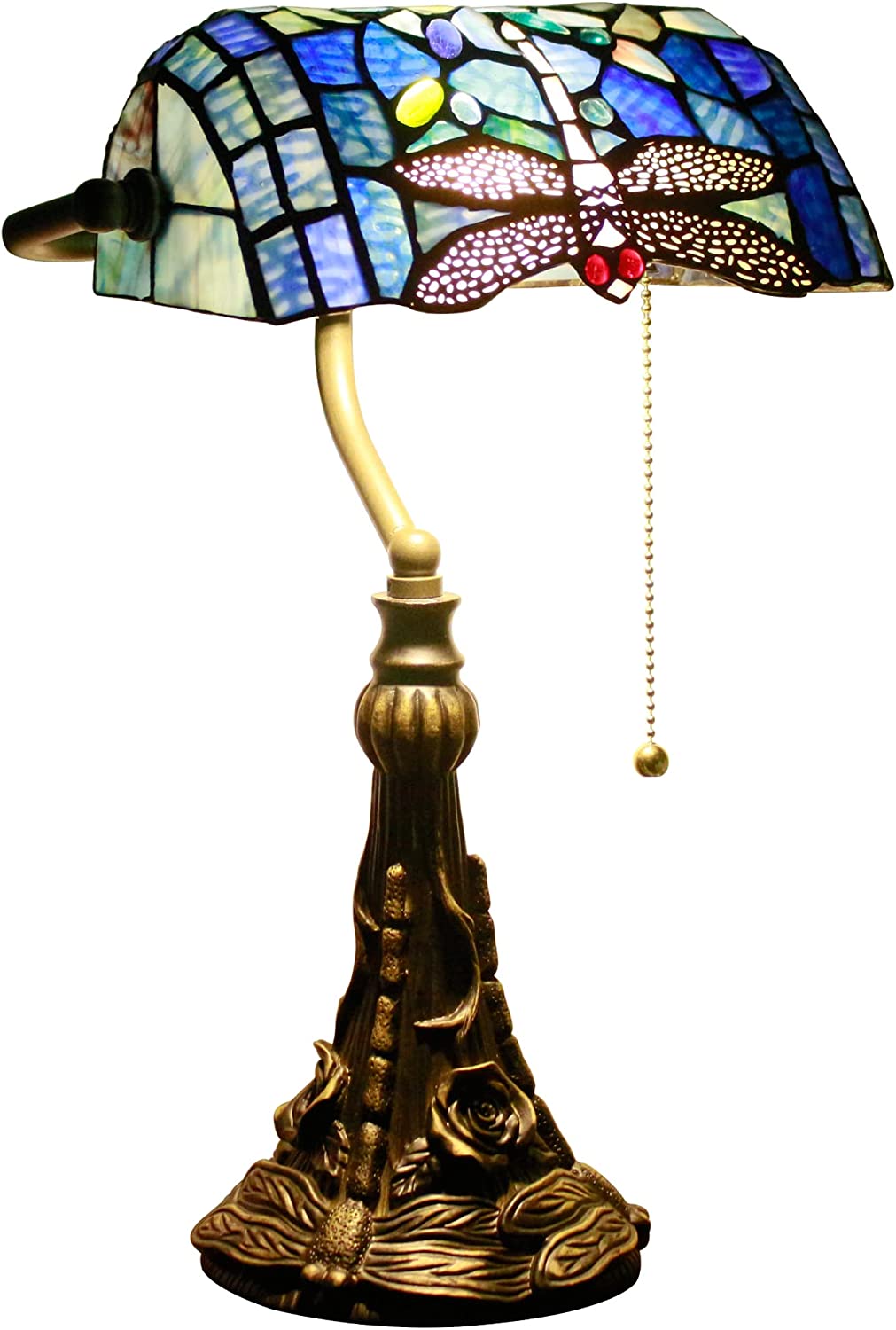 Werfactory® Banker Lamp Tiffany Desk Lamp Navy Blue Dragonfly Style Stained Glass Table Lamp 15" Tall