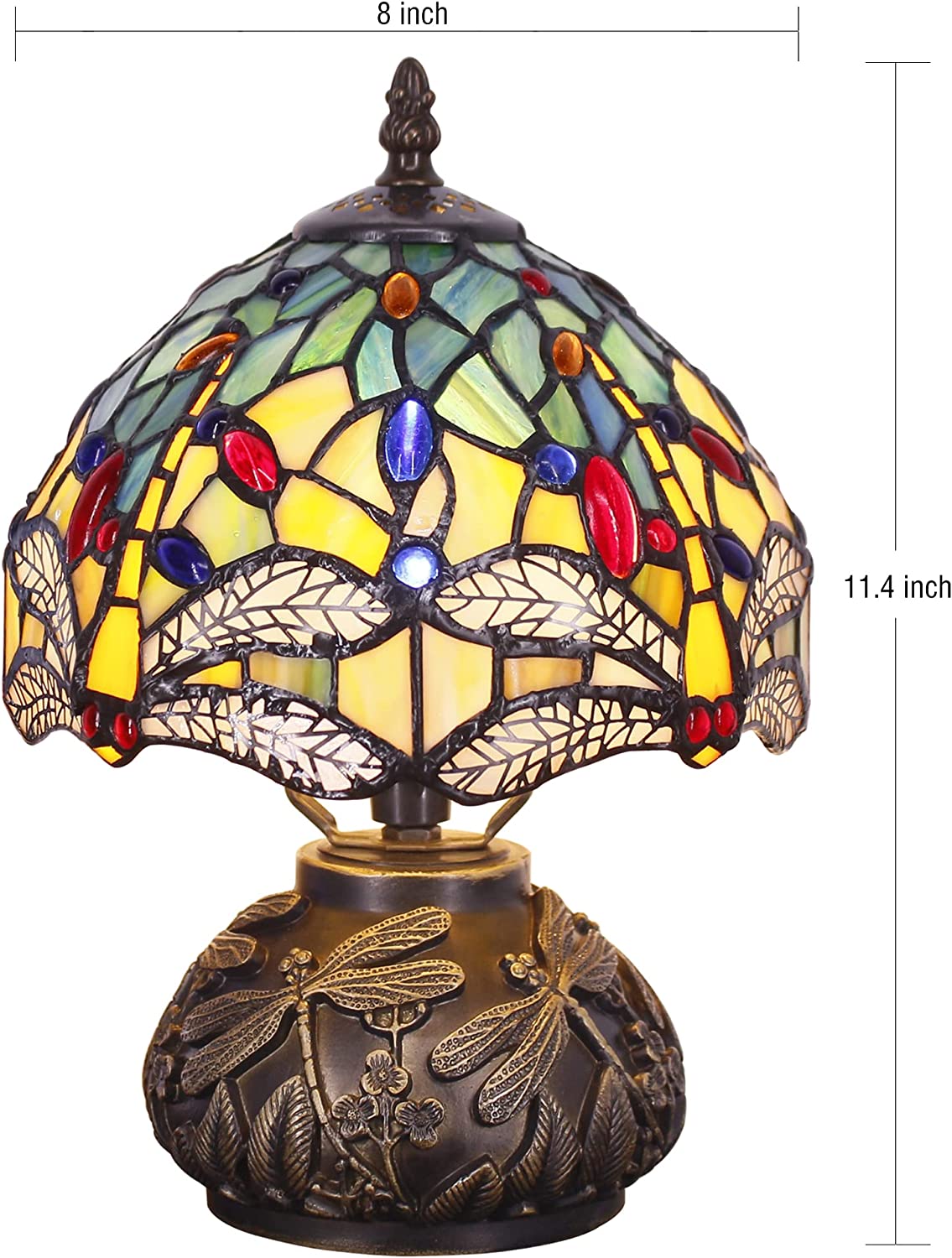 Werfactory® Small Tiffany Table Lamp with 8" Yellow Stained Glass Dragonfly Style Shade, 11" Tall Unique Rustic Bronze Mushroom Type Mini Bedside Lamp