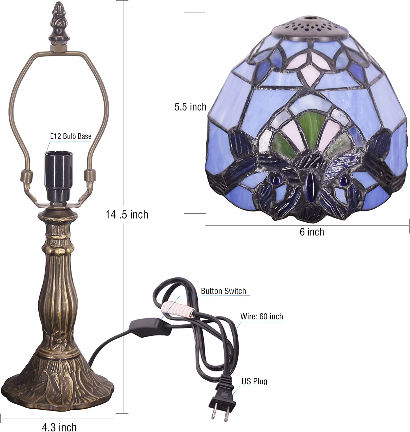 Werfactory® Small Tiffany Lamp Stained Glass Baroque Style Table Lamp 14" Tall