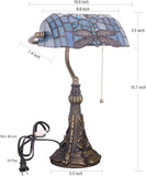 Werfactory® Banker Lamp Tiffany Desk Lamp Sea Blue Dragonfly Style Stained Glass Table Lamp 15" Tall