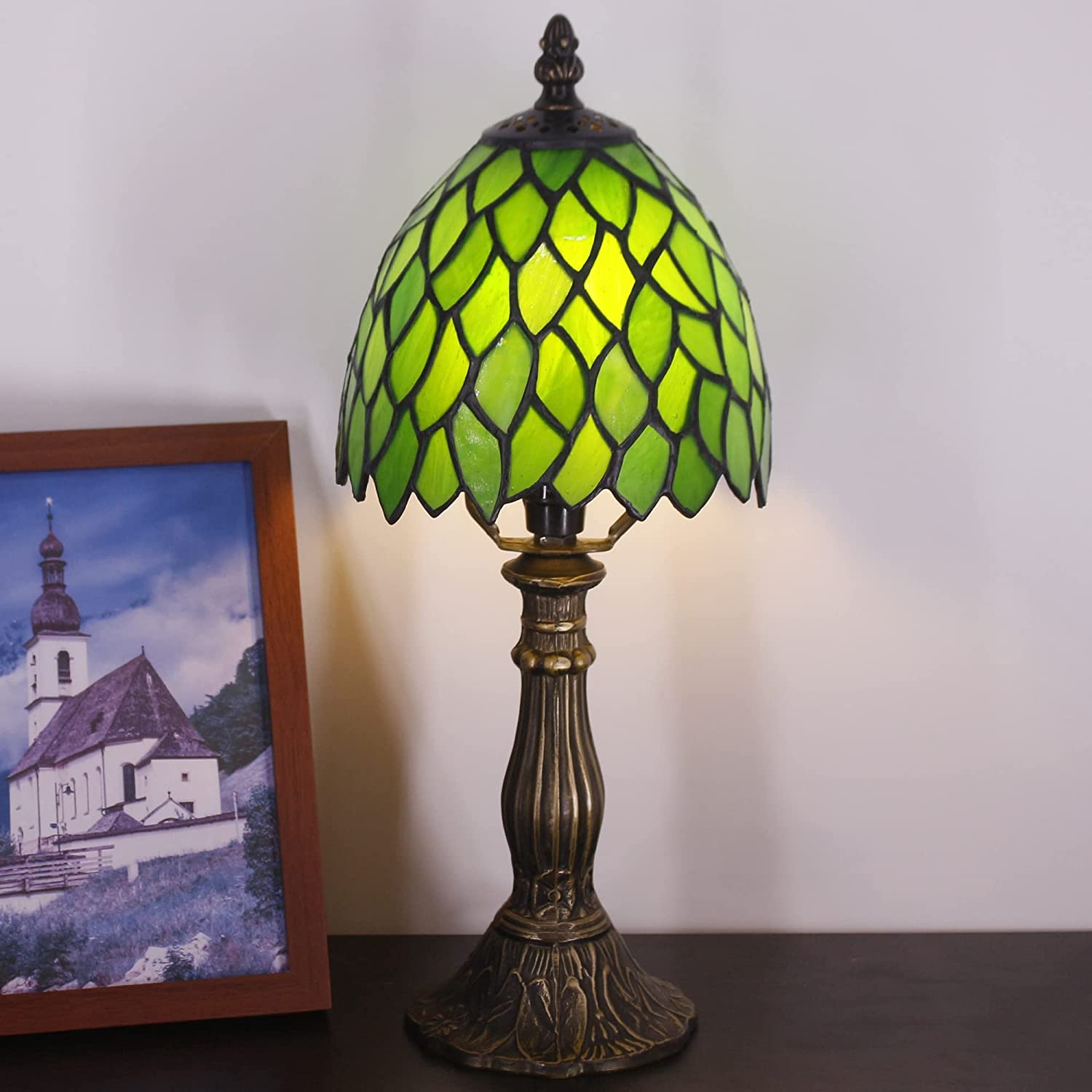 Werfactory® Small Tiffany Lamp Stained Glass Green Leaves Style Table Lamp 14" Tall
