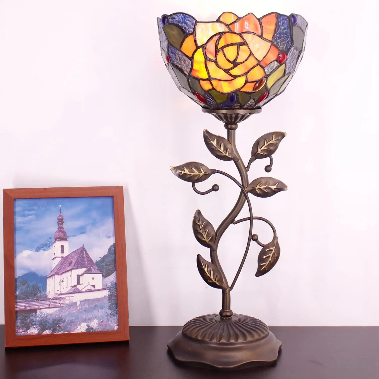 WERFACTORY Small Tiffany Table Lamp 8" Stained Glass Rose Style Shade 19" Tall Antique Vintage Metal Leaf Base Mini Bedside Accent Desk Torchiere Uplight