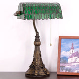 WERFACTORY®  Banker Lamp Tiffany Desk Lamp Green Leaves Style Stained Glass Table Lamp, 15" Tall