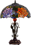 Tiffany Table Lamp Rose Stained Glass Desk Light W16H24 Inch with Iron Metal Leaves Style