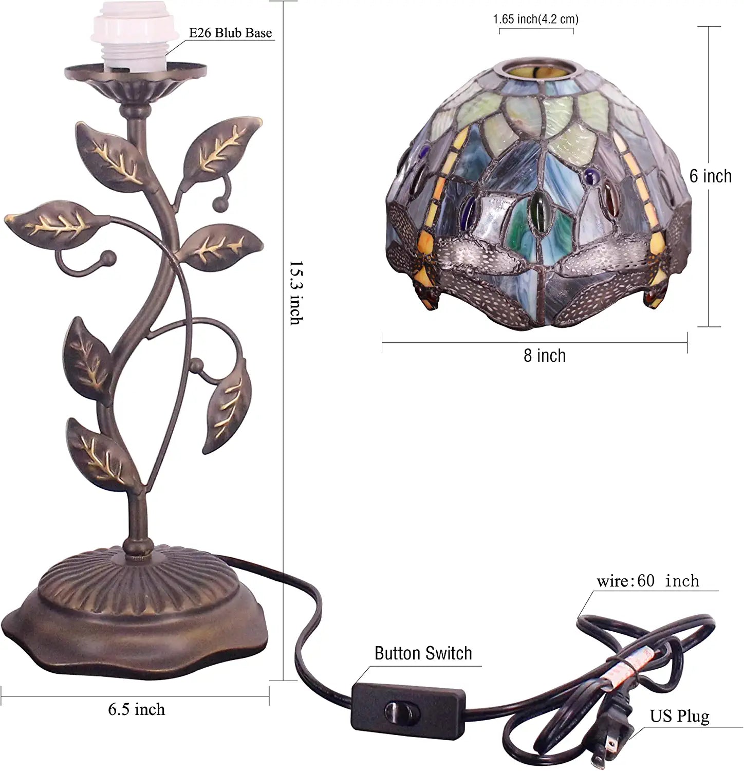 WERFACTORY Small Tiffany Table Lamp 8" Stained Glass Dragonfly Style Shade 19" Tall Antique Vintage Metal Leaf Base Mini Bedside Accent Desk Torchiere Uplight