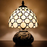 Werfactory® Small Tiffany Table Lamp with 8" White Stained Glass Crystal Bead Shade, 11" Tall