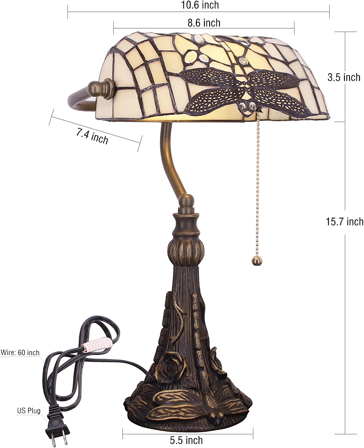 Werfactory® Banker Lamp Tiffany Desk Lamp Cream Dragonfly Style Stained Glass Table Lamp, 15" Tall