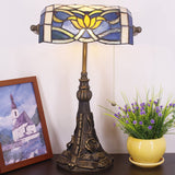 Werfactory® Banker Lamp Tiffany Desk Lamp Lotus Style Blue Stained Glass Table Lamp, 15" Tall