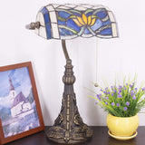 Werfactory® Banker Lamp Tiffany Desk Lamp Lotus Style Blue Stained Glass Table Lamp, 15" Tall
