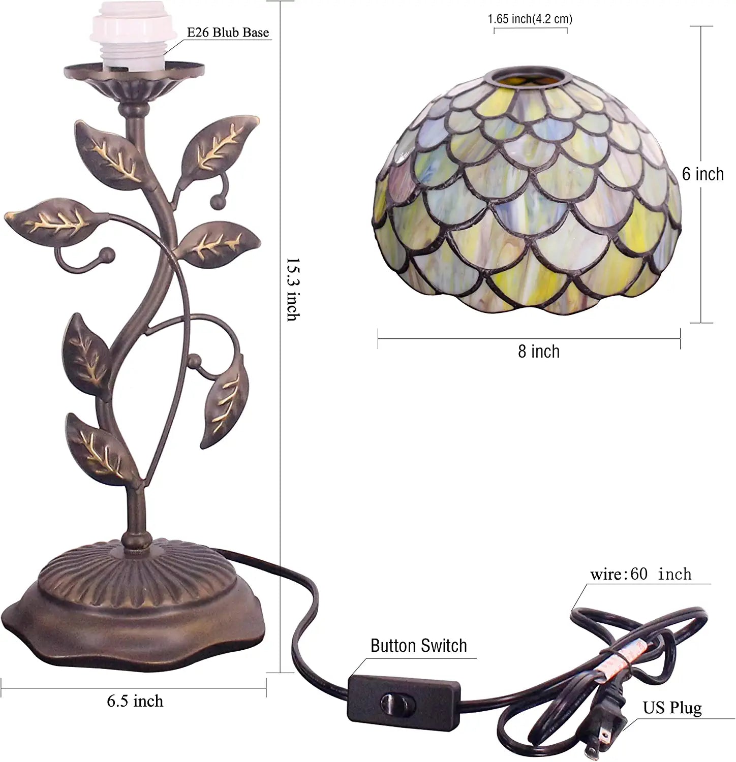WERFACTORY Small Tiffany Table Lamp 8" Stained Glass Fish Scales Style Shade 19" Tall Antique Vintage Metal Leaf Base Mini Bedside Accent Desk Torchiere Uplight