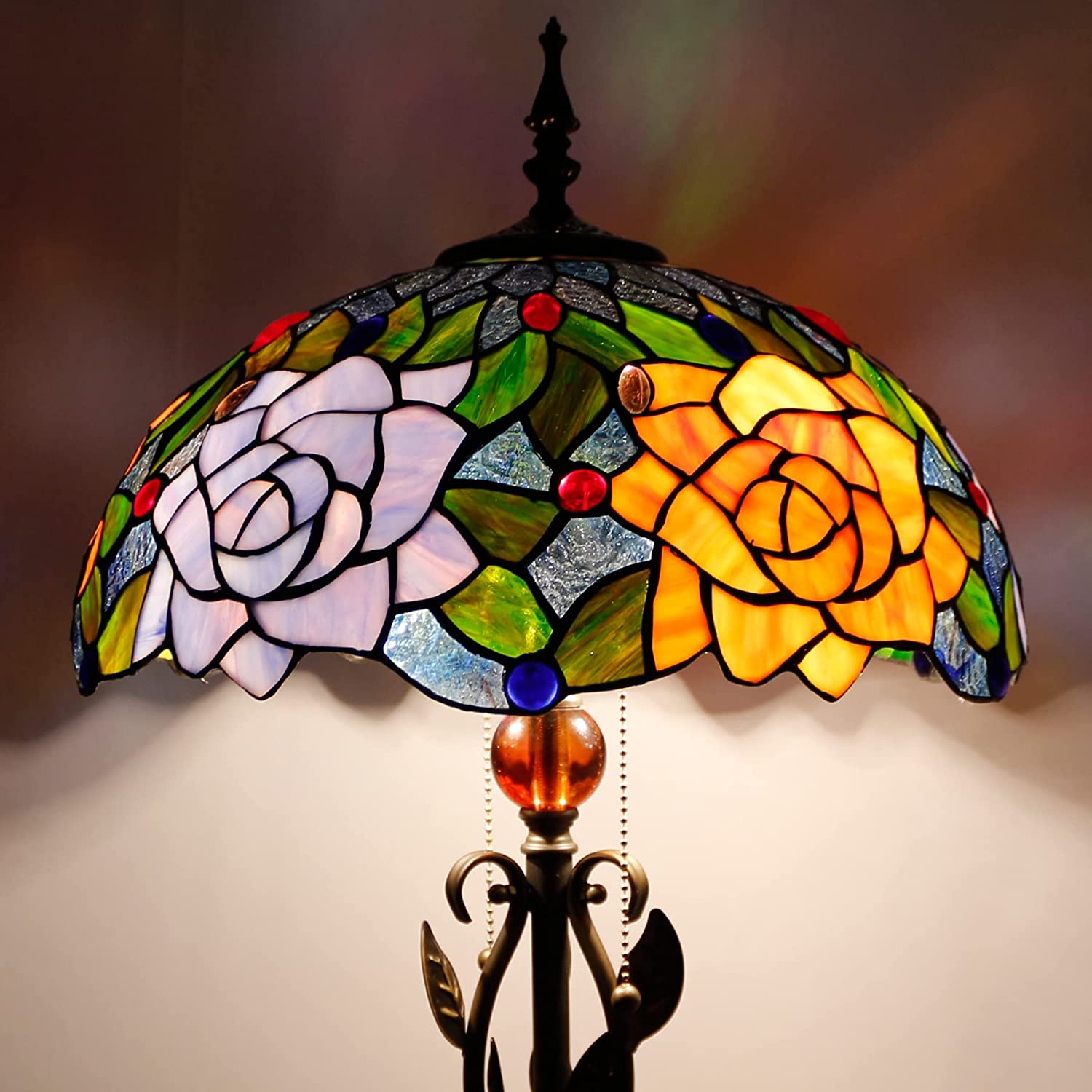 Werfactory® Tiffany Floor Lamp Red Rose Stained Glass Floor Lamp Tiffany Standing Lamp