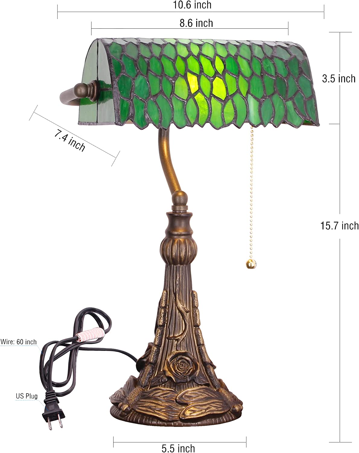 WERFACTORY®  Banker Lamp Tiffany Desk Lamp Green Leaves Style Stained Glass Table Lamp, 15" Tall